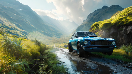 A Blue Car is Parked on The Road With A Green Grassland Nearby and High Mountains  Imageの素材