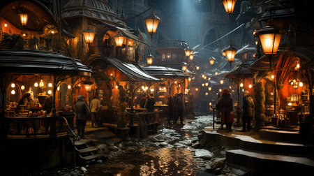 A Busy Utopia Market At Night Time Imageの素材