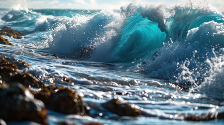 A Large Blue Wave Hitting The Ocean Seascape  Imageの素材