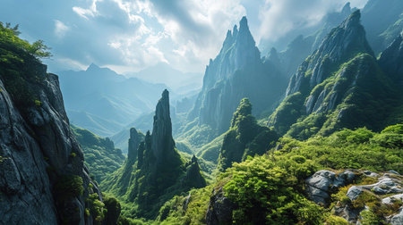 A Mountain Range in China Where Each Mountain Looks Like the Vertebrae Landscape Imageの素材
