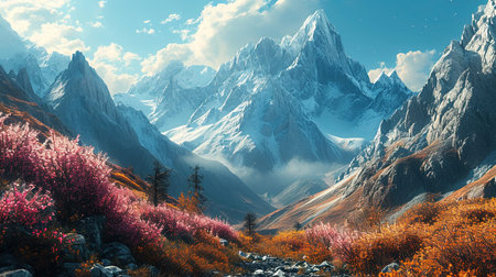 A Panorama of Majestic Snow Mountains Under A Starry blue Sky Landscape Imageの素材