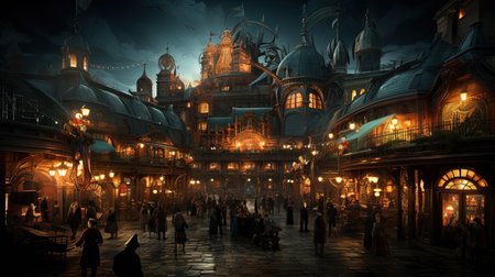 A Busy Utopia Market At Night Time Imageの素材