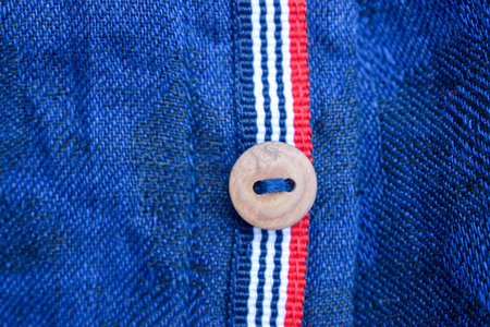 Close Up Of Blue Linen Shirt Wooden Button Fabric Texture Background