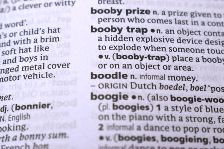 Close Up Of English Dictionary Page With Word -   Booby Trap   Imageの写真素材