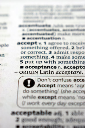 Close Up Of English Dictionary Page With Word -    Acceptance   Imageの写真素材