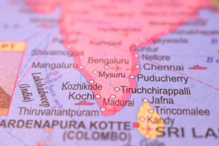 Kozhikode-India Administrative Map Or Political Map Close Up Photograph With Blurry Background    Imageの写真素材