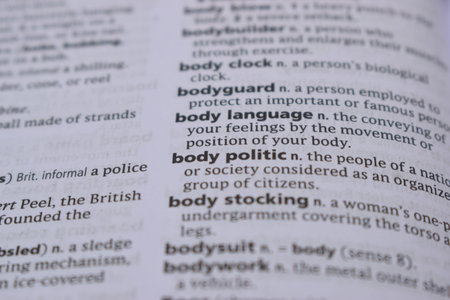 English Definition Dictionary Page Of Printed Word -  Body Politic Close Up Image