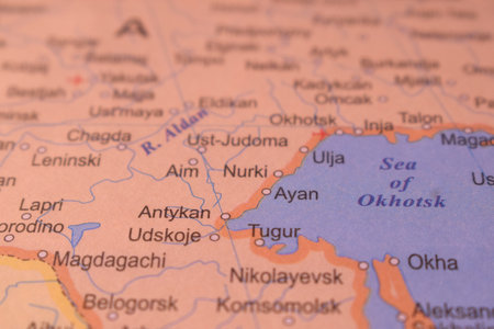 Tugur City Political Map Of Russia Country And City Close Up With Background Defocused  Imageの写真素材