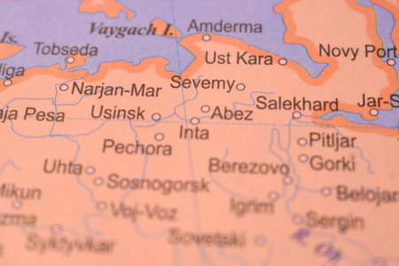 Narjan-Mar Political Map Of Russia Country And City Close Up With Background Defocused  Image