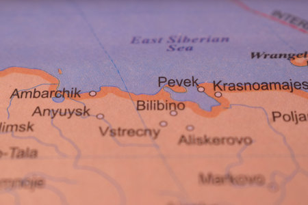 Pevek Political Map Of Russia Country And City Close Up With Background Defocused  Imageの写真素材