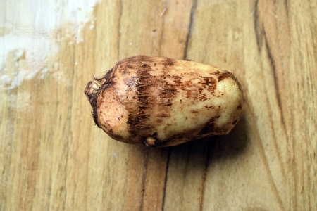 Fresh Unpeeled Taro Root Vegetable On Wooden Table Close Up With Background Blur  Imageの写真素材