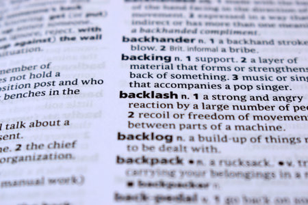 English Definition Dictionary Page Of Printed Word -  Backlash  Close Up Image