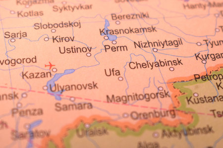Ufa City Of Russia Country Political Map Close Up With Background Blur Imageの写真素材