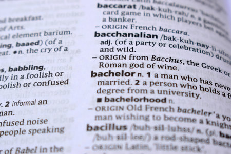 Close Up Of English Dictionary Page With Definition Word -   Bachelor  Imageの写真素材