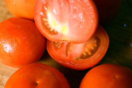 Fresh Group Of Red Tomatoes On Wooden Table Imageの写真素材