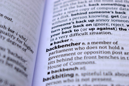 Close Up Of English Dictionary Page With Definition Word - Backbencher   Imageの写真素材