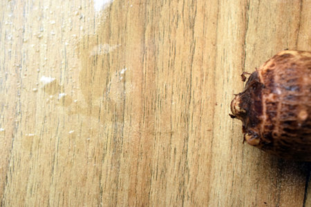 Fresh Unpeeled Taro Root Vegetable On Wooden Table Close Up With Background Blur  Imageの写真素材