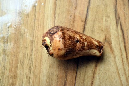 Fresh Unpeeled Taro Root Vegetable On Wooden Table Close Up With Background Blur  Imageの写真素材
