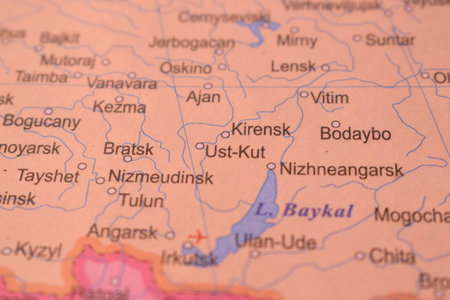 Ust-Kut Political Map Of Russia Country And City Close Up With Background Defocused  Imageの写真素材