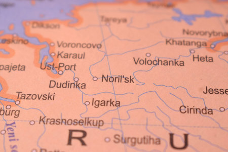 Noril'sk City Of Russia Country Political Map Close Up With Background Blur Image