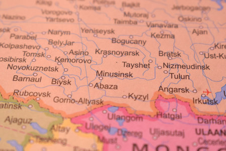 Tayshet Political Map Of Russia Country And City Close Up With Background Defocused  Imageの写真素材