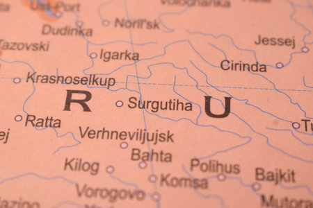 Surgutiha Political Map Of Russia Country And City Close Up With Background Defocused  Imageの写真素材