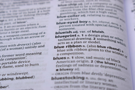 English Definition Dictionary Page Of Printed Word -  Blue Ribbon  Close Up Imageの写真素材
