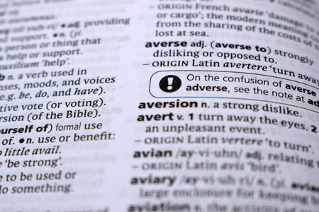 Close Up Of English Dictionary Page With Definition Word -   Aversion   Imageの写真素材