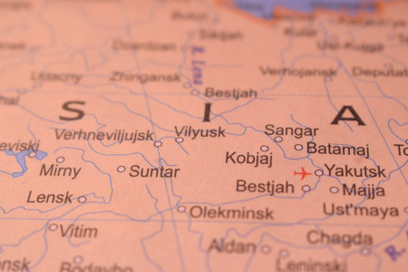 Kobjaj Political Map Of Russia Country And City Close Up With Background Defocused  Imageの写真素材
