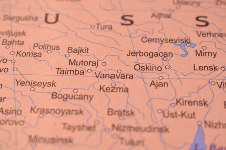 Vanavara Political Map Of Russia Country And City Close Up With Background Defocused  Imageの写真素材