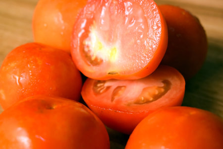 Fresh Group Of Red Tomatoes On Wooden Table Imageの写真素材