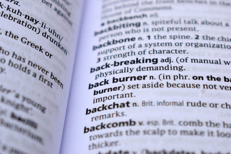 Close Up Of English Dictionary Page With Definition Word -  Back Burner  Imageの写真素材