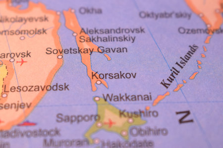 Karsakov Political Map Of Russia Country And City Close Up With Background Defocused  Imageの写真素材