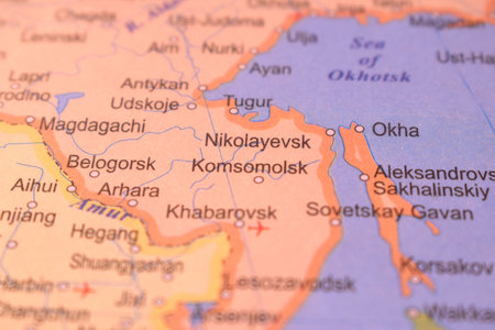 Komsomolsk Political Map Of Russia Country And City Close Up With Background Defocused  Imageの写真素材
