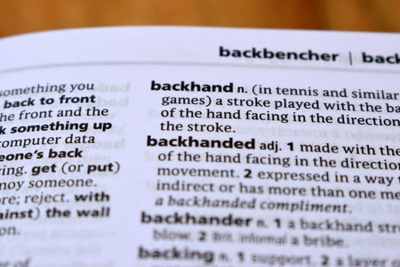 Close Up Of English Dictionary Page With Definition Word -  Backhand   Imageの写真素材
