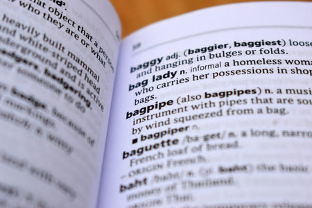 English Definition Dictionary Page Of Printed Word -  Bagpipe  Close Up Image