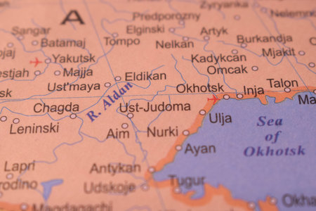 Okhotsk Political Map Of Russia Country And City Close Up With Background Defocused  Image