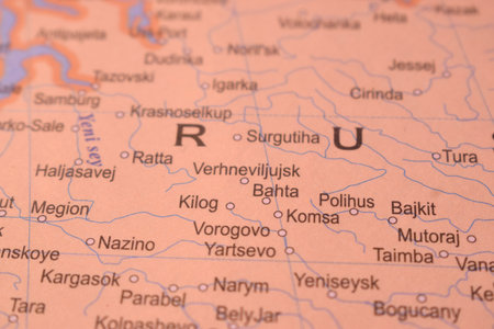 Bahta Political Map Of Russia Country And City Close Up With Background Defocused  Imageの写真素材