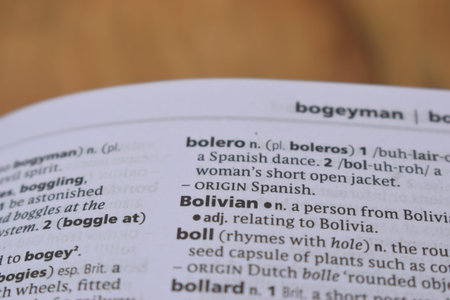 English Definition Dictionary Page Of Printed Word - Bolivian  Close Up Image