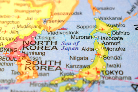 Sea Of Japan With Neighboring Countries And Cities On World Map- Political Map Background Blur Image