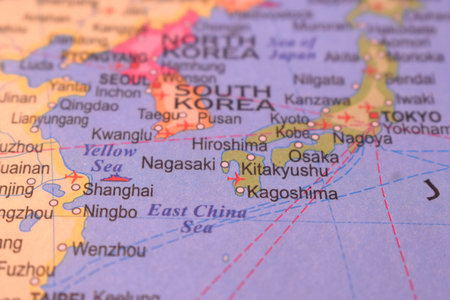 Nagasaki With Neighboring Countries And Cities On World Map- Political Map Background Blur Image