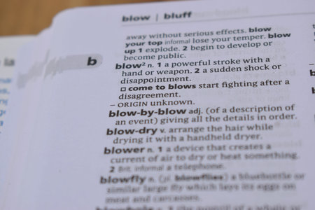English Definition Dictionary Page Of Printed Word -  Blow-by-blow Close Up Image