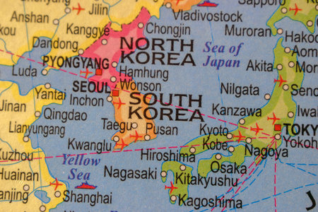 South Korea Country On World Map - Political Map With Background Blur Image