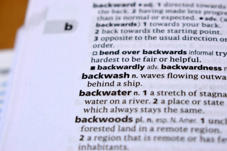 English Definition Dictionary Page Of Printed Word -  Backwater  Close Up Image
