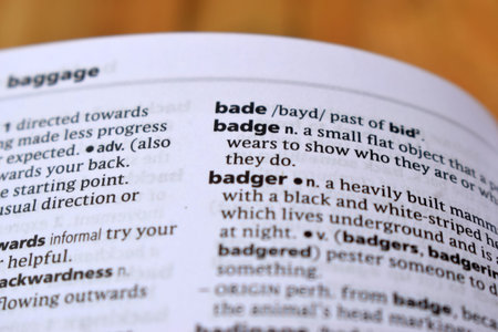 English Definition Dictionary Page Of Printed Word -  Badge  Close Up Image