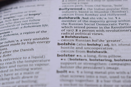English Definition Dictionary Page Of Printed Word -  Bolshevism  Close Up Image
