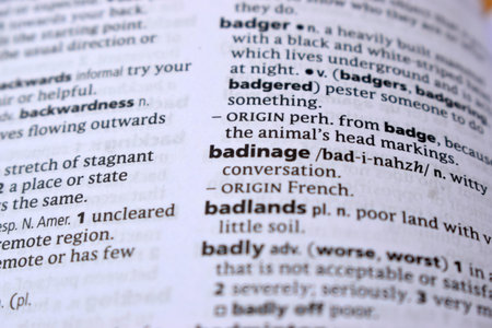 Close Up Of English Dictionary Page With Definition Word -   Badinage   Image