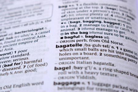 English Definition Dictionary Page Of Printed Word - Bagatelle   Close Up Image