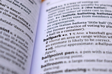 Close Up Of English Dictionary Page With Definition Word -Ballpark   Image