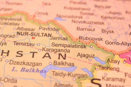 Karaganda With Neighboring Countries And Cities On World Map- Political Map Background Blur Image